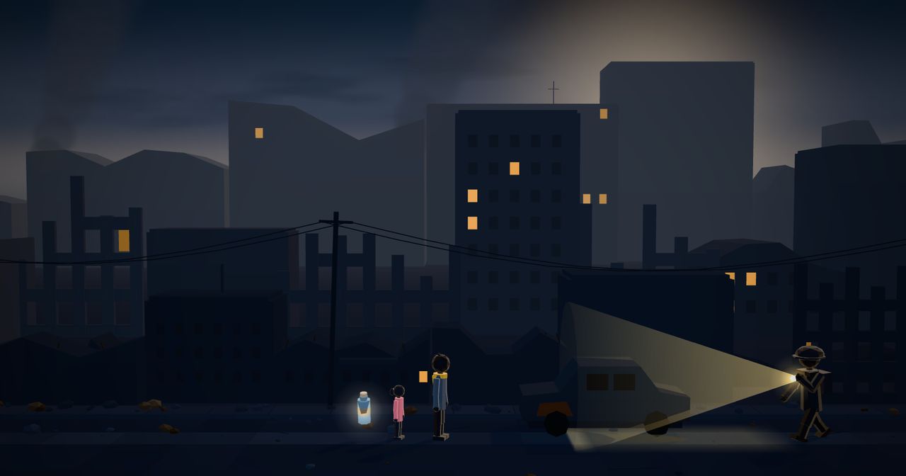 A patrol's lamp lights up the street next to a burnt-out car