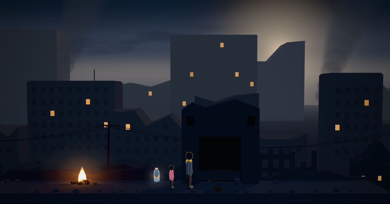 Resting by a campfire on a rooftop, above the patrols